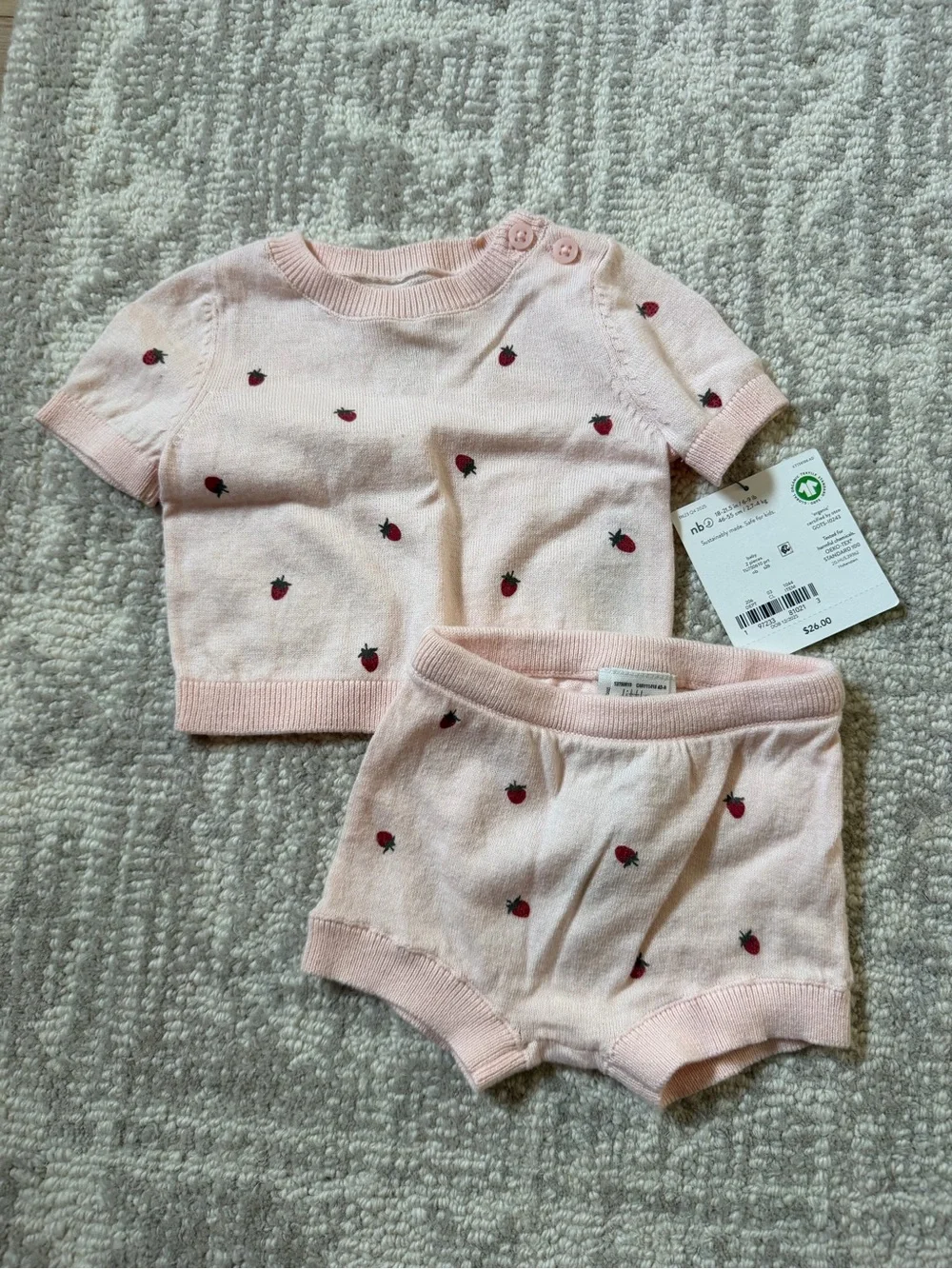 Pink Strawberry Knit Baby Top & Shorts Set